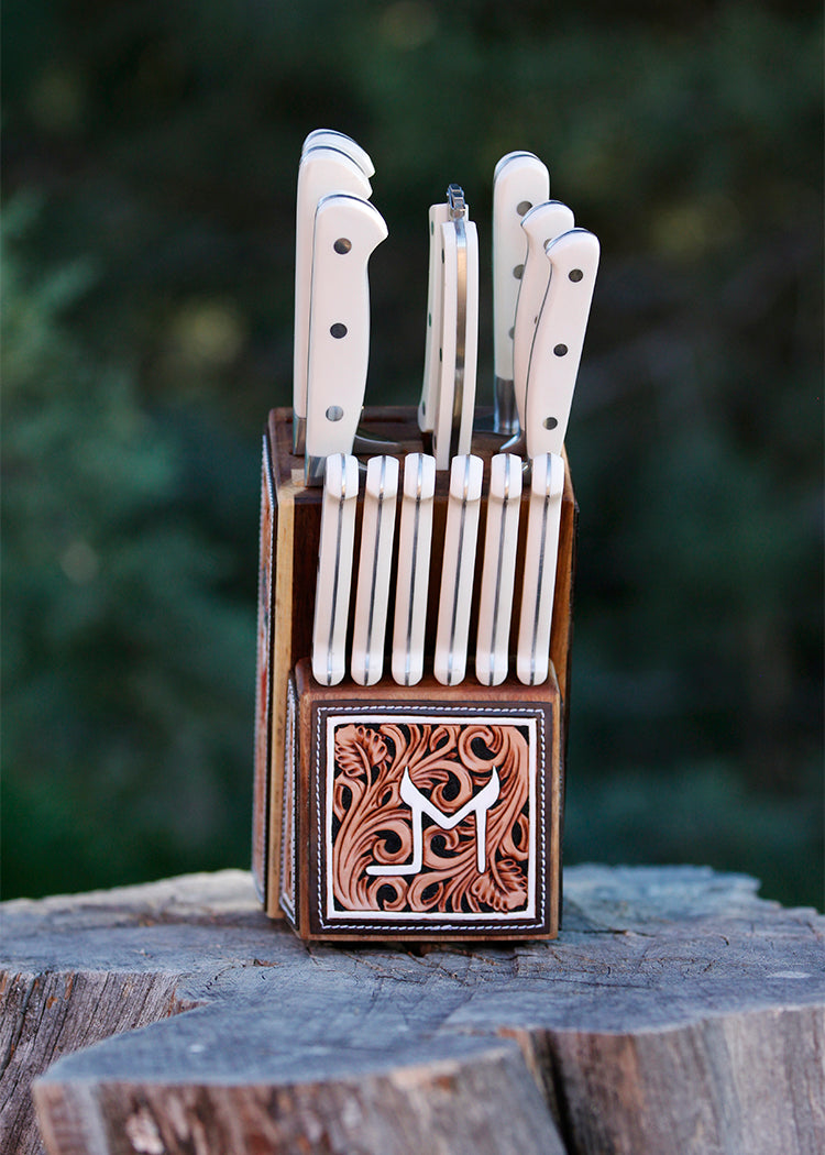 Ready To Ship Tooled Knife Block With Turquoise Knives – Broken J Designs