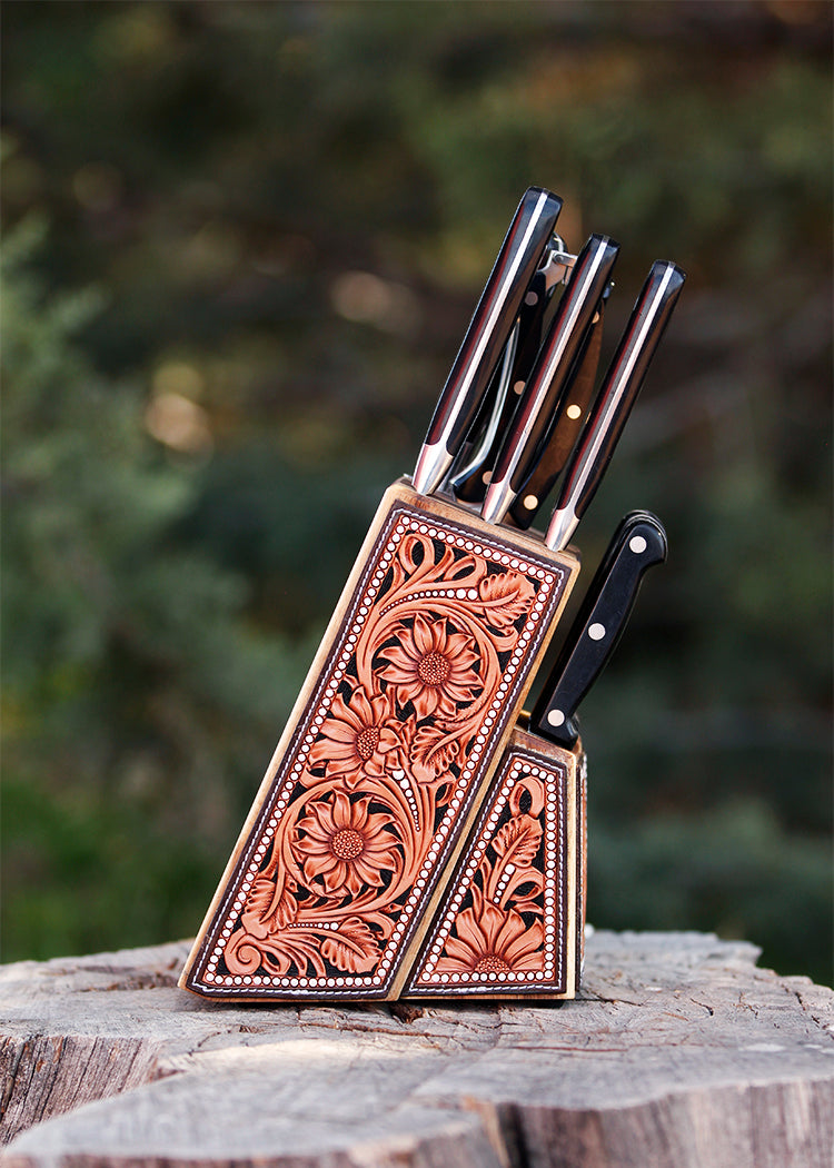 Ready To Ship Tooled Knife Block With Turquoise Knives – Broken J Designs