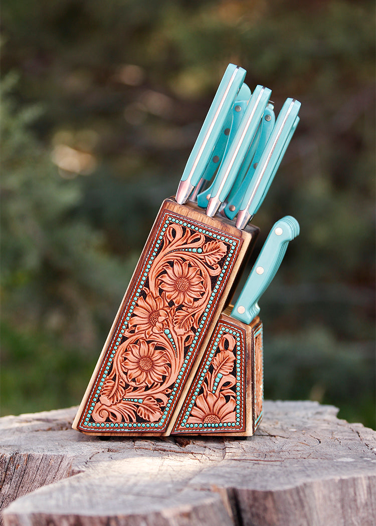 Leather Accented Knife Block-with Turquoise Knives – Bar TL Custom Leather