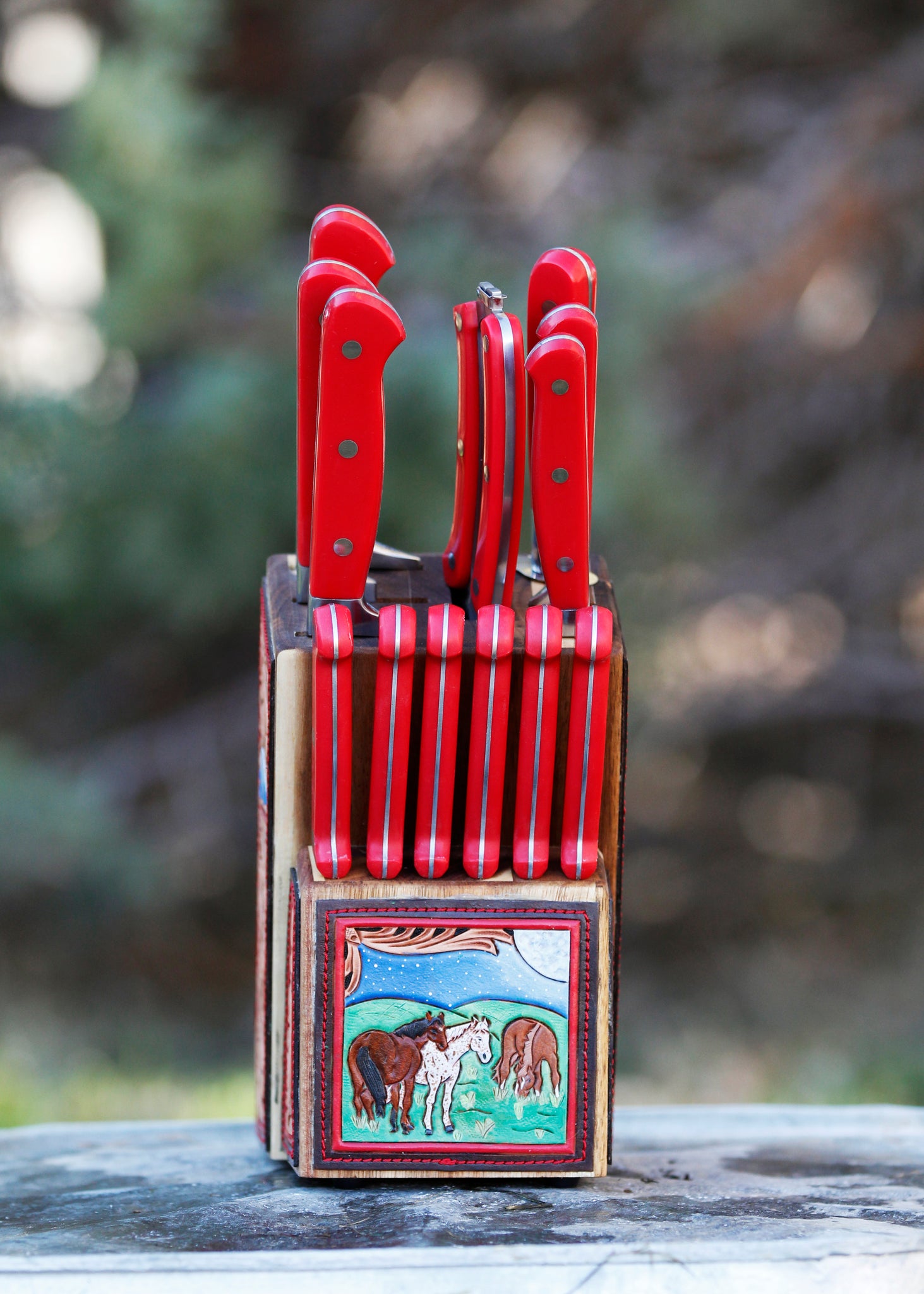 Knife Set Custom Tooled Leather Cow Hide Block 