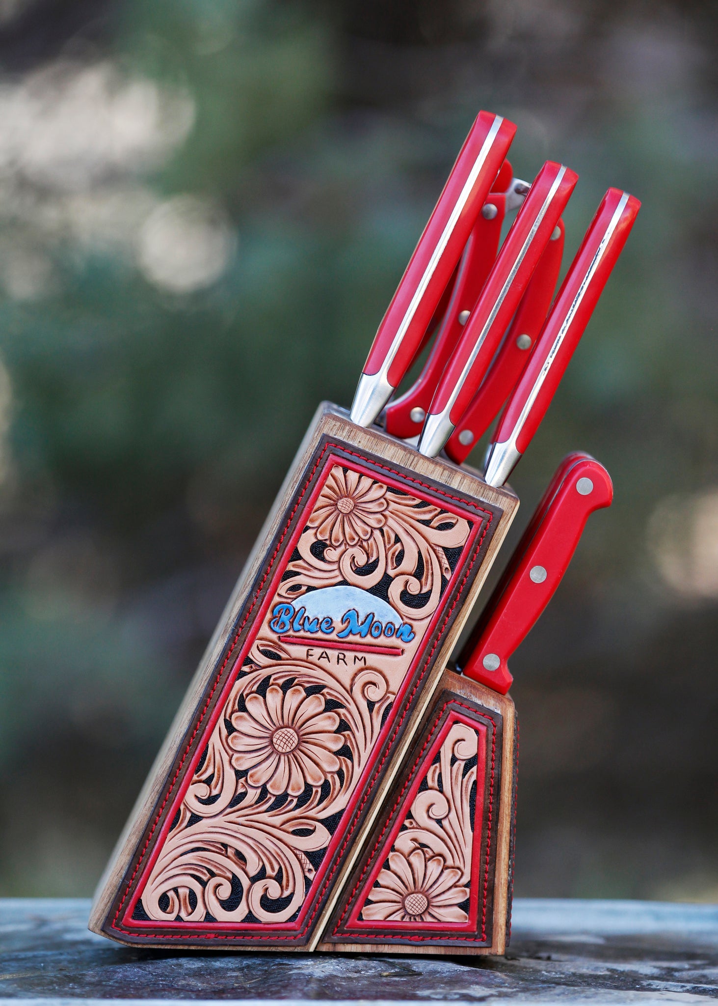 Ready To Ship Tooled Knife Block With Turquoise Knives – Broken J Designs