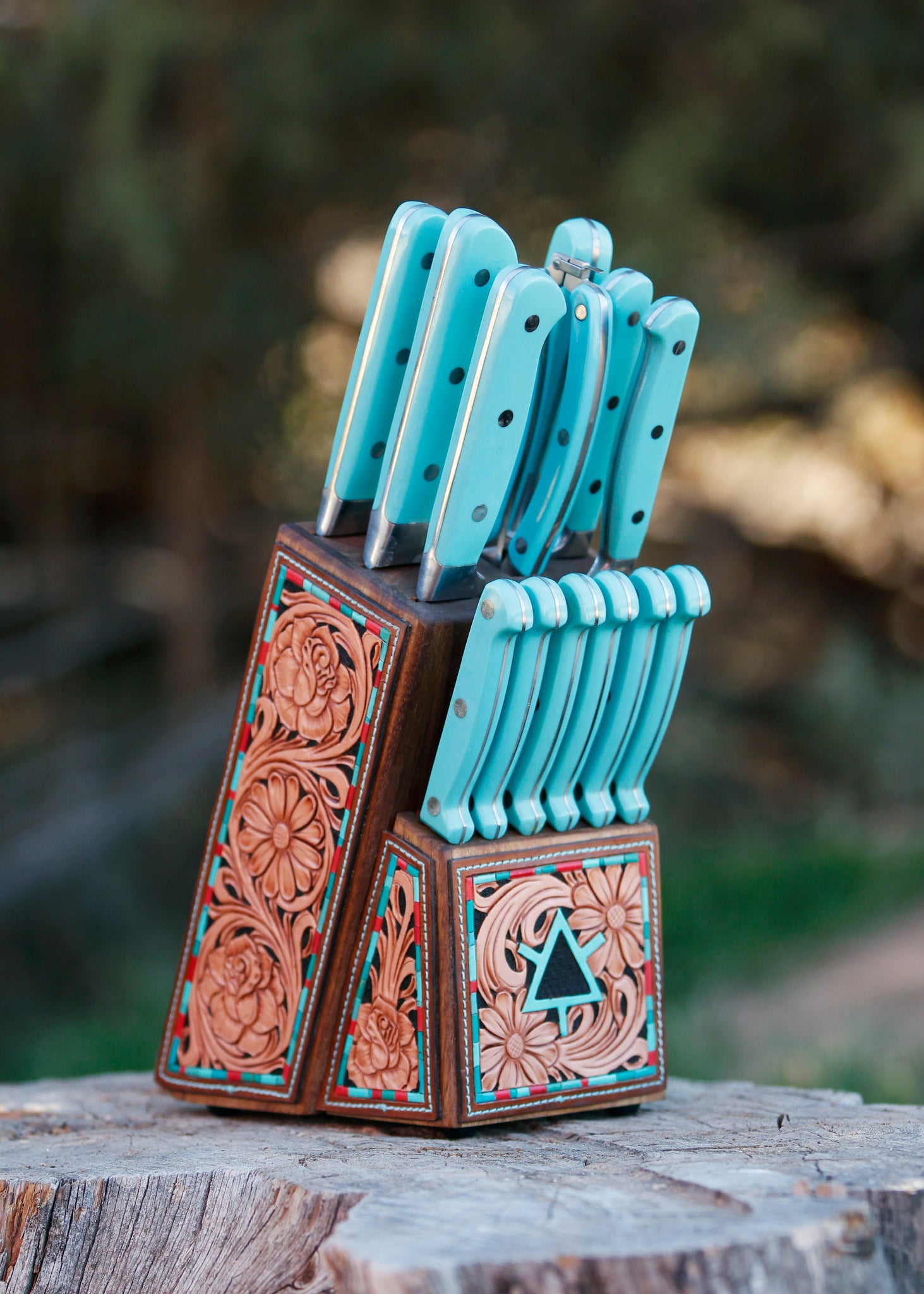 Ready To Ship Tooled Knife Block With Turquoise Knives – Broken J Designs