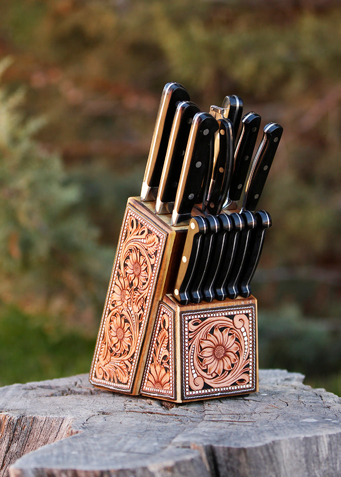 Ready to Ship Tooled Knife Block With Black Knives