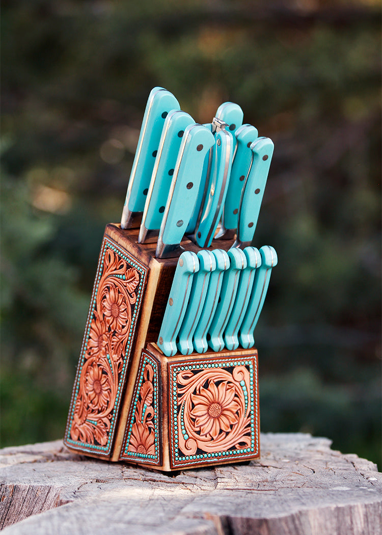 Ready To Ship Tooled Knife Block With Turquoise Knives