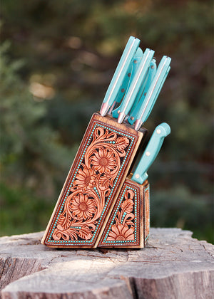Ready To Ship Tooled Knife Block With Turquoise Knives – Broken J Designs